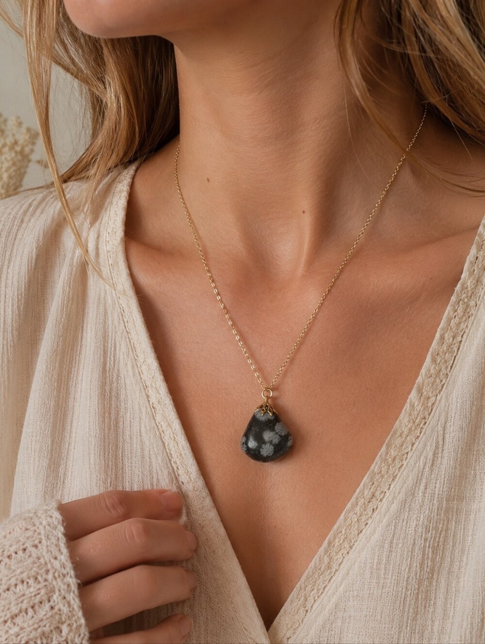 Snowflake Obsidian Pendant Gold Chain Boho‎ Healing Crystal Gemstone Necklace